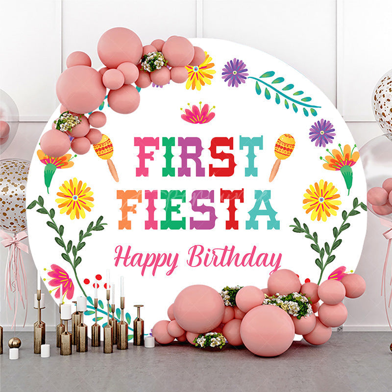 Aperturee - Aperturee First Fiesta Happy Birthday Round Backdrop Colorful Mexican Themed Party Girls Uno Inspired First Birthday Decor