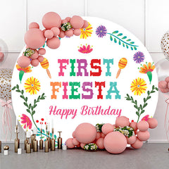 Aperturee - Aperturee First Fiesta Happy Birthday Round Backdrop Colorful Mexican Themed Party Girls Uno Inspired First Birthday Decor