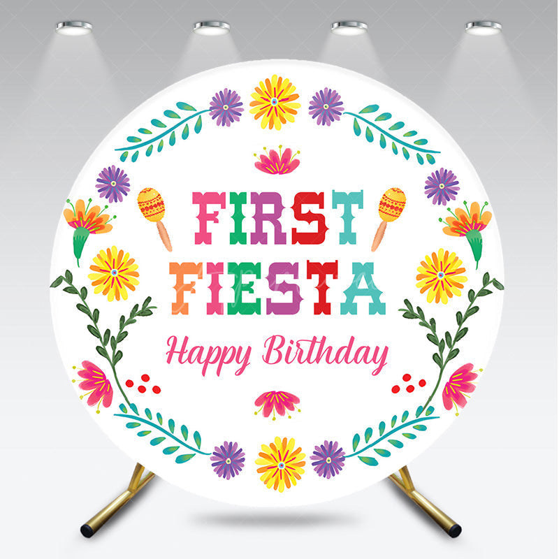 Aperturee - Aperturee First Fiesta Happy Birthday Round Backdrop Colorful Mexican Themed Party Girls Uno Inspired First Birthday Decor