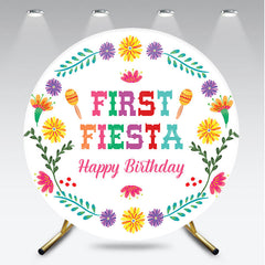 Aperturee - Aperturee First Fiesta Happy Birthday Round Backdrop Colorful Mexican Themed Party Girls Uno Inspired First Birthday Decor