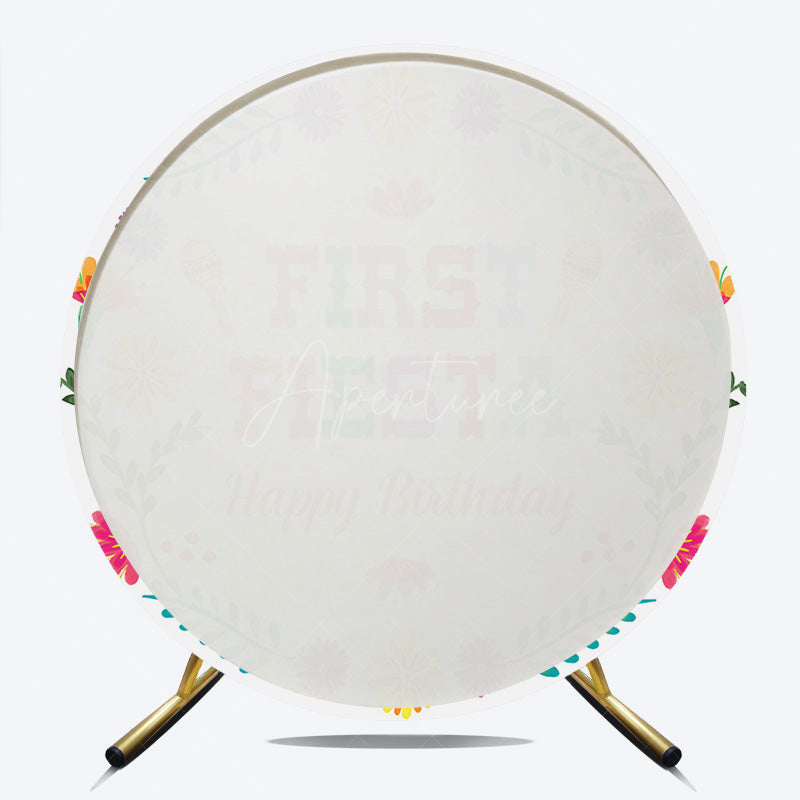 Aperturee - Aperturee First Fiesta Happy Birthday Round Backdrop Colorful Mexican Themed Party Girls Uno Inspired First Birthday Decor