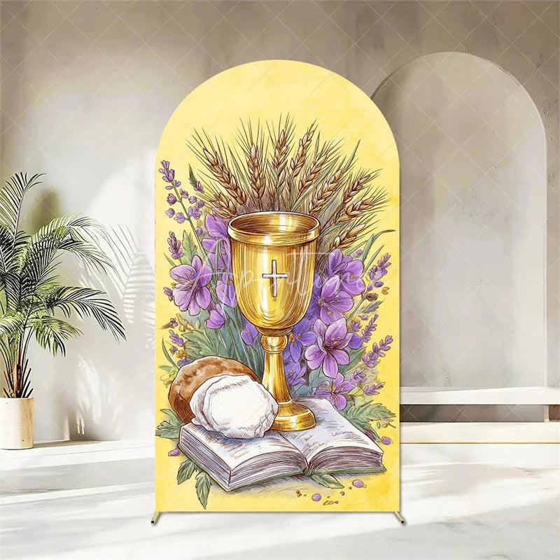 Aperturee - Aperturee First Holy Communion Arch Backdrop Religious Stained Glass Golden Chalice and Grapes Party Decor