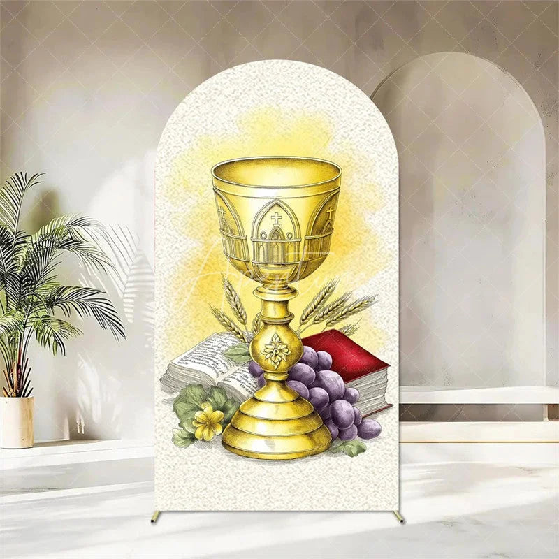 Aperturee - Aperturee First Holy Communion Arch Backdrop Religious Stained Glass Golden Chalice and Grapes Party Decor