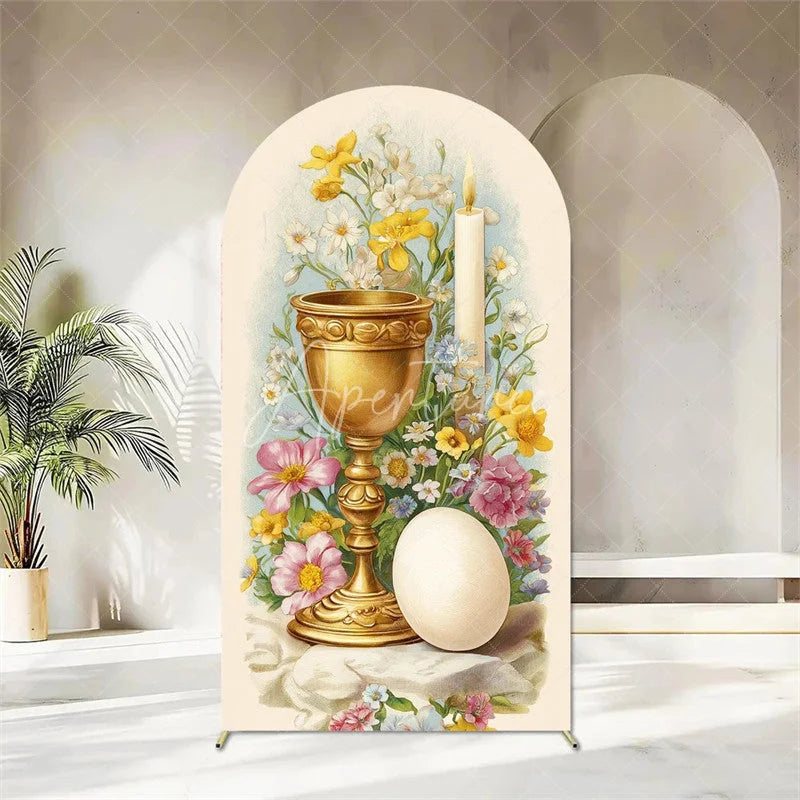 Aperturee - Aperturee First Holy Communion Arch Backdrop Religious Stained Glass Golden Chalice and Grapes Party Decor
