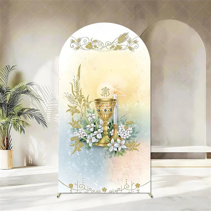 Aperturee - Aperturee First Holy Communion Arch Backdrop Religious Stained Glass Golden Chalice and Grapes Party Decor