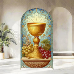 Aperturee - Aperturee First Holy Communion Arch Backdrop Religious Stained Glass Golden Chalice and Grapes Party Decor