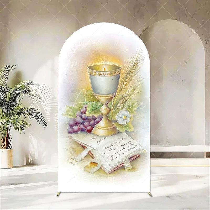 Aperturee - Aperturee First Holy Communion Arch Backdrop Religious Stained Glass Golden Chalice and Grapes Party Decor