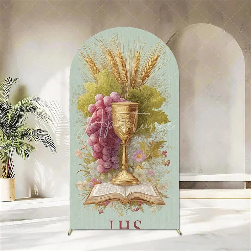 Aperturee - Aperturee First Holy Communion Arch Backdrop Religious Stained Glass Golden Chalice and Grapes Party Decor