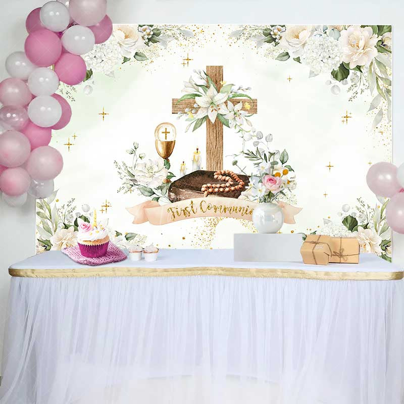 Aperturee Aperturee First Holy Communion Photography Backdrop White Floral Cross and Greenery God Bless Baptism Photo Prop Decor
