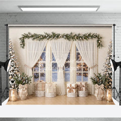 Aperturee - Aperturee Flocked Christmas Trees and Snowy Window Holiday Backdrop Cozy Winter Scene with Gifts and Warm Lights