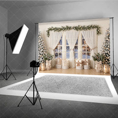 Aperturee - Aperturee Flocked Christmas Trees and Snowy Window Holiday Backdrop Cozy Winter Scene with Gifts and Warm Lights