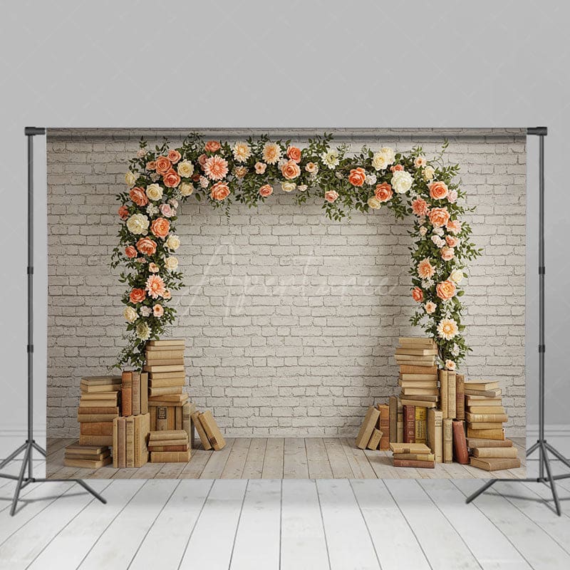 Aperturee - Aperturee Floral Arch Books White Brick Wall Wedding Backdrop
