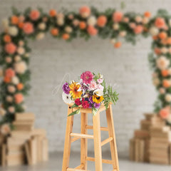 Aperturee - Aperturee Floral Arch White Bricks Wall Books Wedding Backdrop