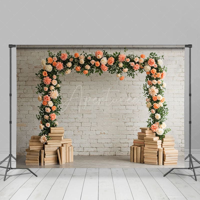 Aperturee - Aperturee Floral Arch White Bricks Wall Books Wedding Backdrop