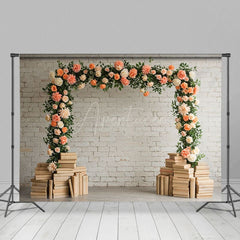 Aperturee - Aperturee Floral Arch White Bricks Wall Books Wedding Backdrop