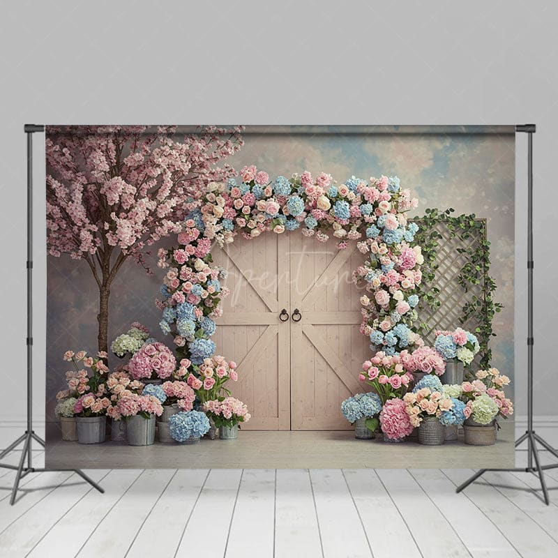 Aperturee - Aperturee Floral Arch Wood Farm Door Sweet Wedding Backdrop