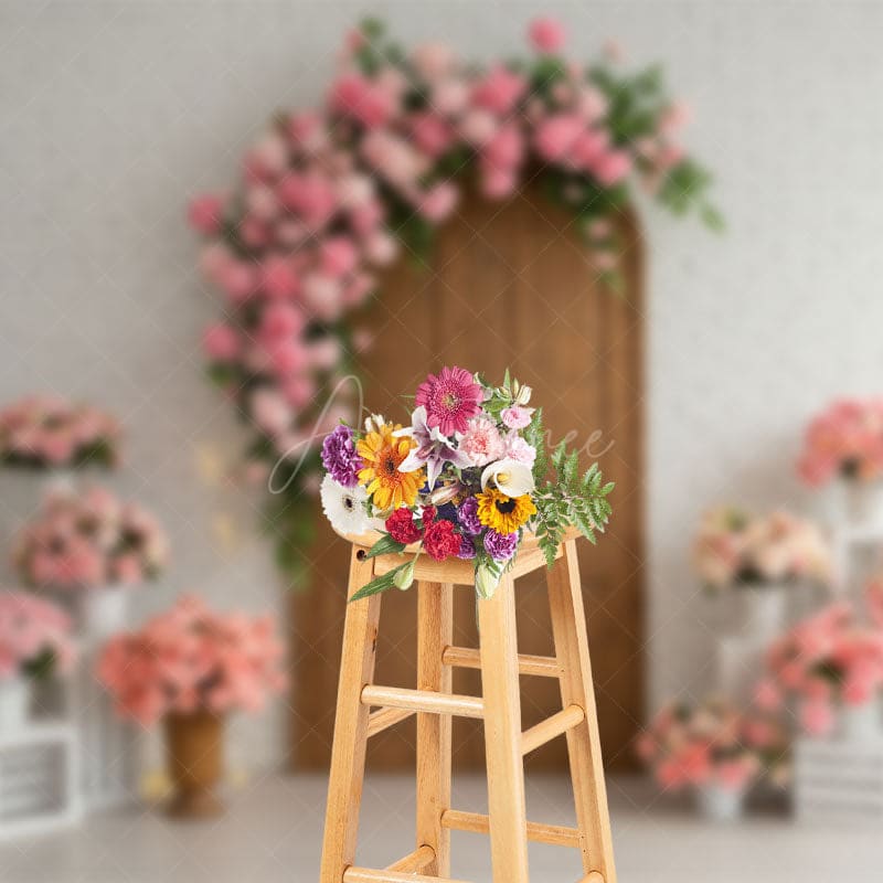 Aperturee - Aperturee Floral Arch Wooden Door White Brick Wedding Backdrop