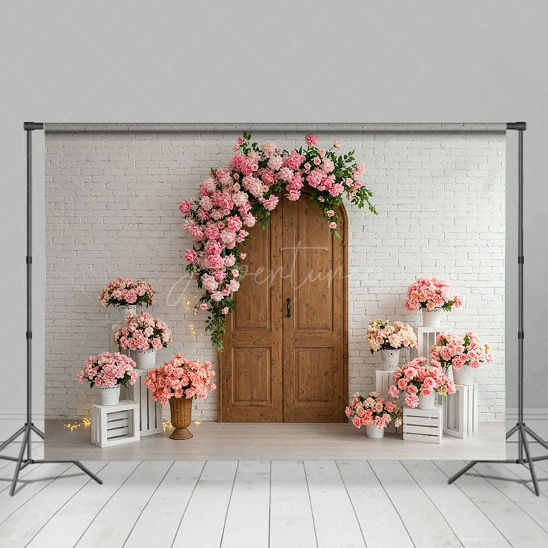Aperturee - Aperturee Floral Arch Wooden Door White Brick Wedding Backdrop