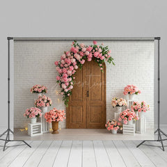 Aperturee - Aperturee Floral Arch Wooden Door White Brick Wedding Backdrop