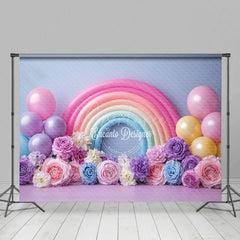 Aperturee - Aperturee Floral Balloons Rainbow Birthday Cake Smash Backdrop