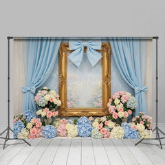Aperturee - Aperturee Floral Blue Curtain Bows Sweet Wedding Backdrop