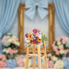 Aperturee - Aperturee Floral Blue Curtain Bows Sweet Wedding Backdrop