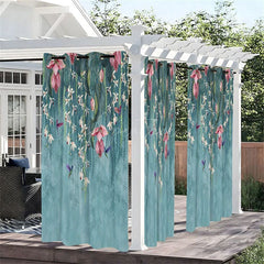 Aperturee - Aperturee Floral Blue Wall Waterproof Printed Outdoor Curtains