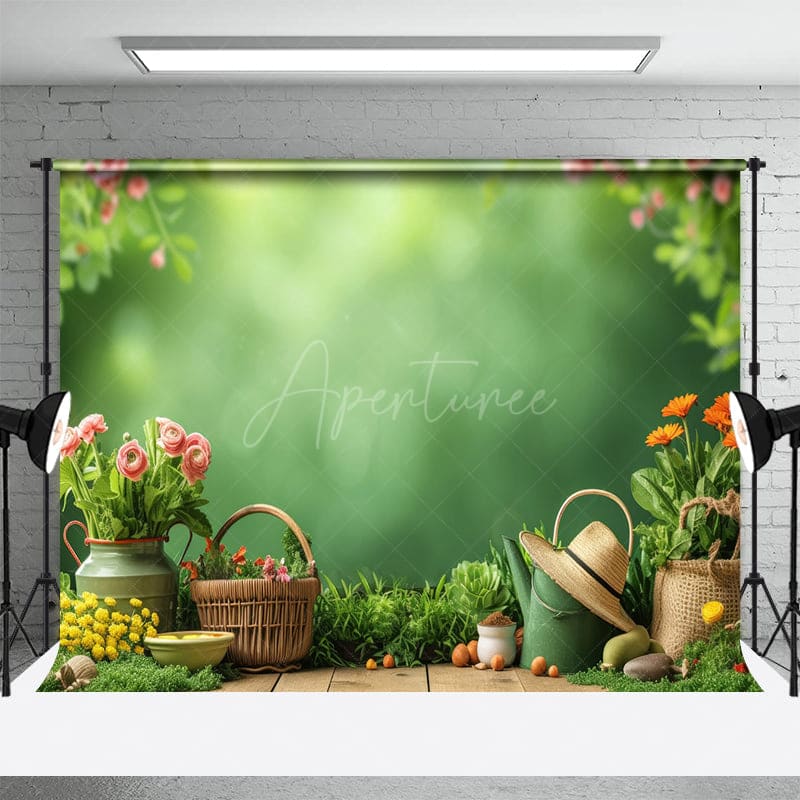 Aperturee - Aperturee Floral Boho Backyard Green Bokeh Spring Backdrop