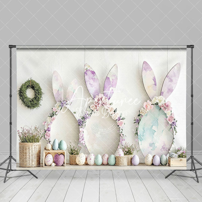 Aperturee - Aperturee Floral Bunny Ear Eggs Wreath Easter Photo Backdrop