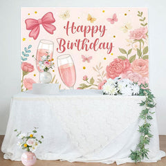 Aperturee - Aperturee Floral Butterfly Bow Cheers To Birthday Backdrop