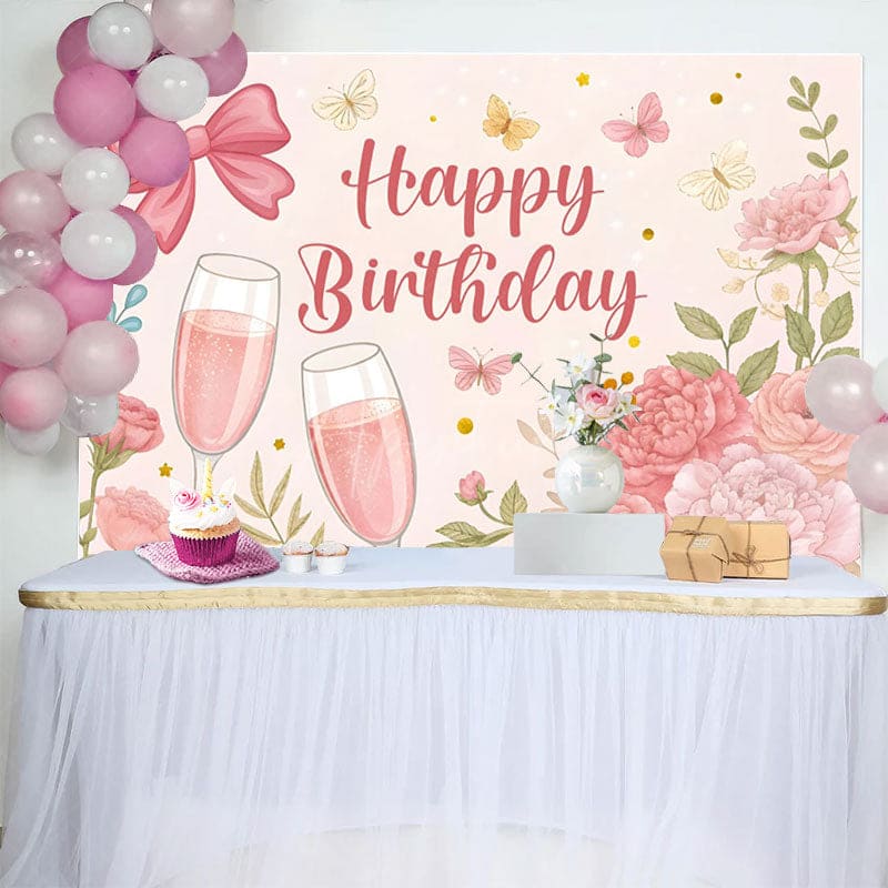 Aperturee - Aperturee Floral Butterfly Bow Cheers To Birthday Backdrop