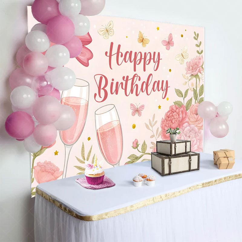 Aperturee - Aperturee Floral Butterfly Bow Cheers To Birthday Backdrop