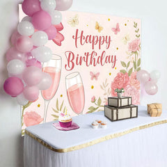Aperturee - Aperturee Floral Butterfly Bow Cheers To Birthday Backdrop