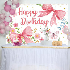 Aperturee - Aperturee Floral Butterfly Bows Spring Happy Birthday Backdrop