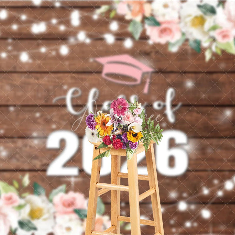 Aperturee - Aperturee Floral Class Of 2026 Light Wood Graduation Backdrop