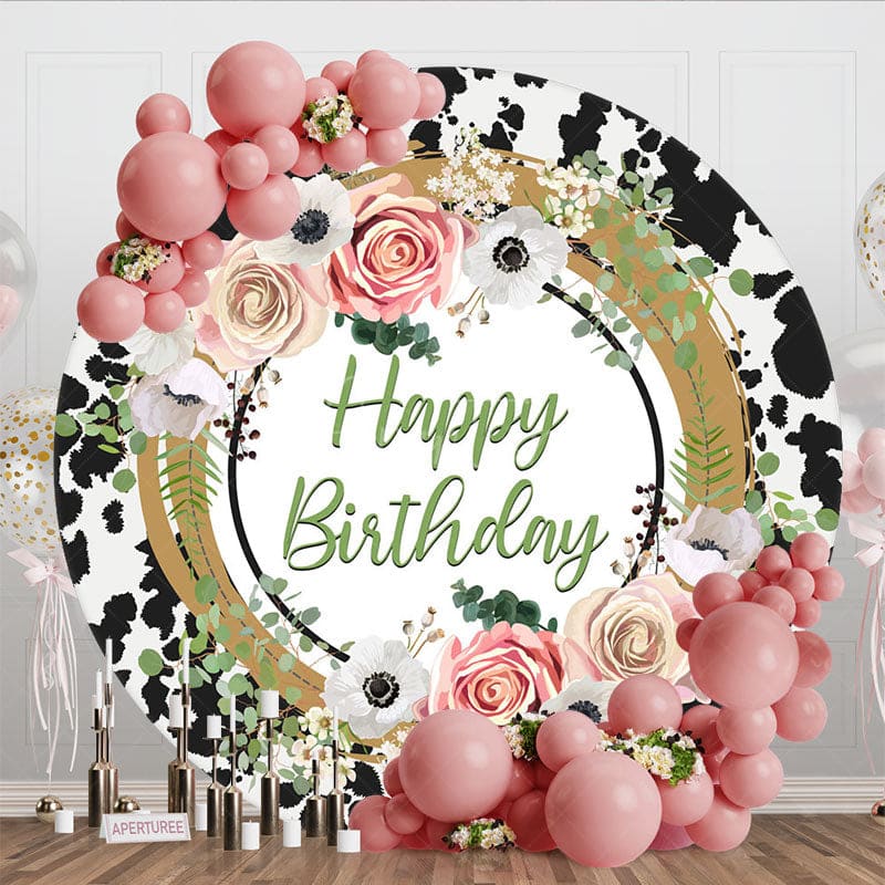 Aperturee - Aperturee Floral Cow Pattern Circle Happy Birthday Backdrop