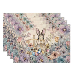 Aperturee - Aperturee Floral Cross Easter Bunny Set of 4 Placemats Colorful Egg Rabbit Religious Table Mats for Spring