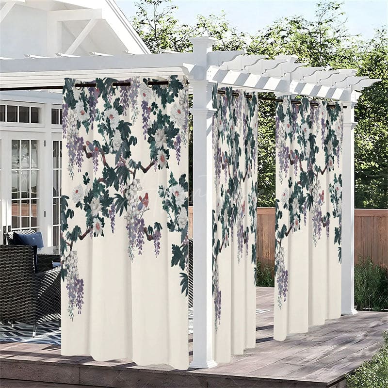 Aperturee - Aperturee Floral Drawing Waterproof Printed Outdoor Curtains