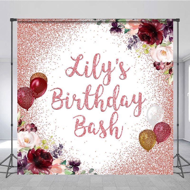 Aperturee - Aperturee Floral Glitter Balloons Custom Birthday Backdrop