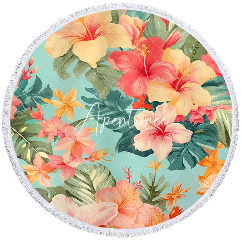 Aperturee - Aperturee Floral Hawaii Summer Holiday Vibe Round Beach Towel