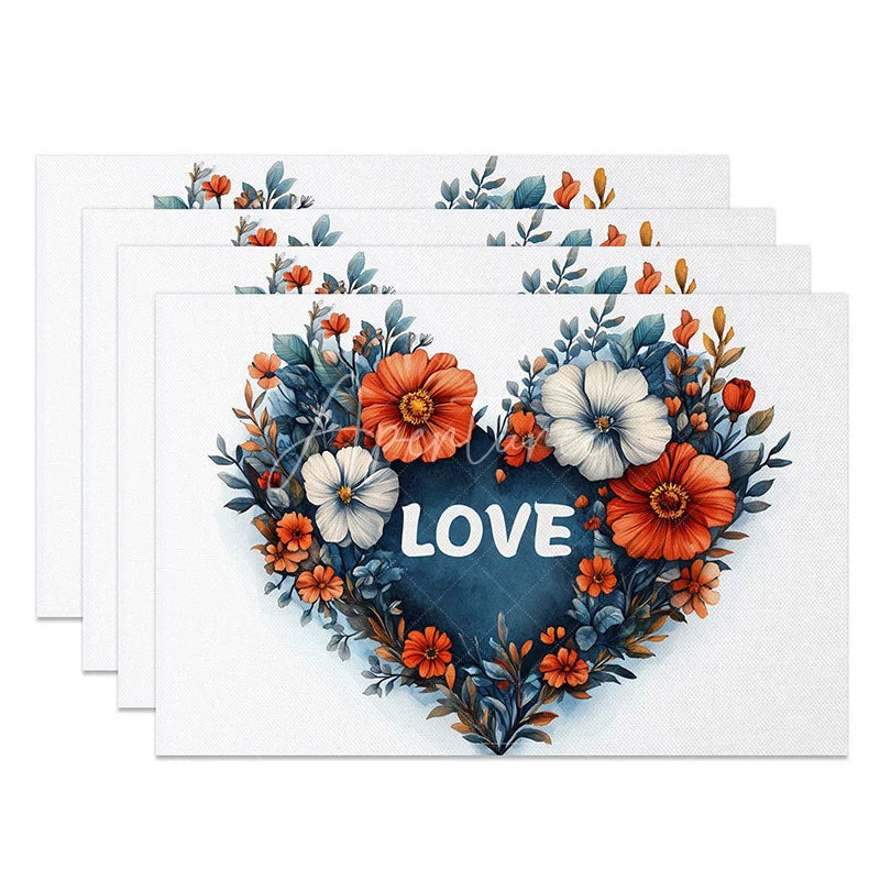 Aperturee - Aperturee Floral Heart Love Sign Set of 4 Placemats Blue Red Flower Valentine Decoration Romantic Text Dining Table Mat
