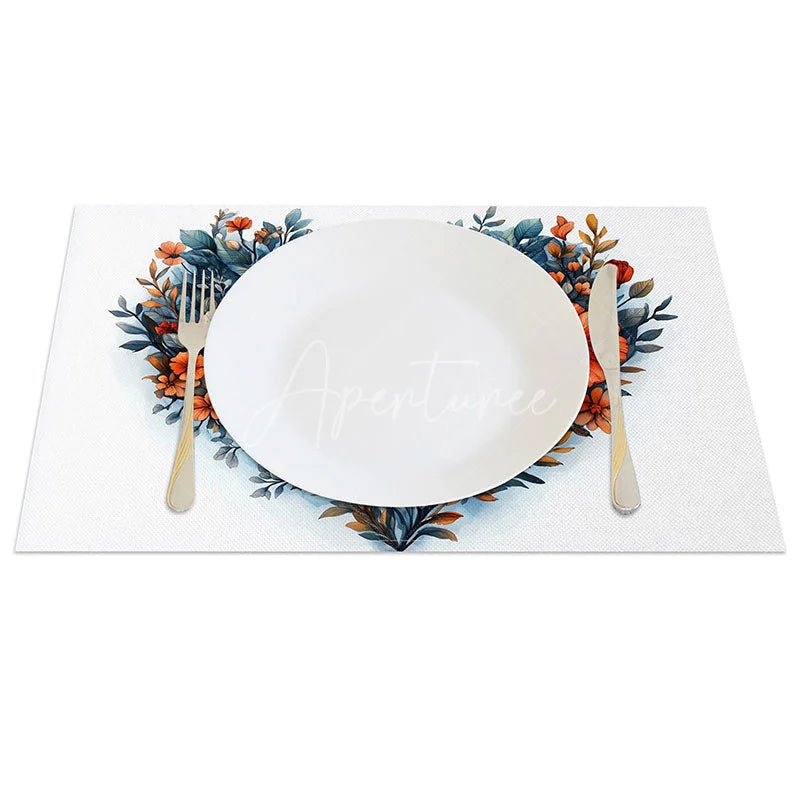 Aperturee - Aperturee Floral Heart Love Sign Set of 4 Placemats Blue Red Flower Valentine Decoration Romantic Text Dining Table Mat