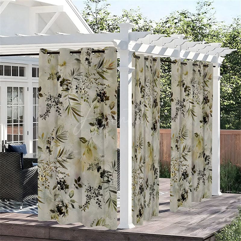 Aperturee - Aperturee Floral Ink Style Waterproof Printed Outdoor Curtains