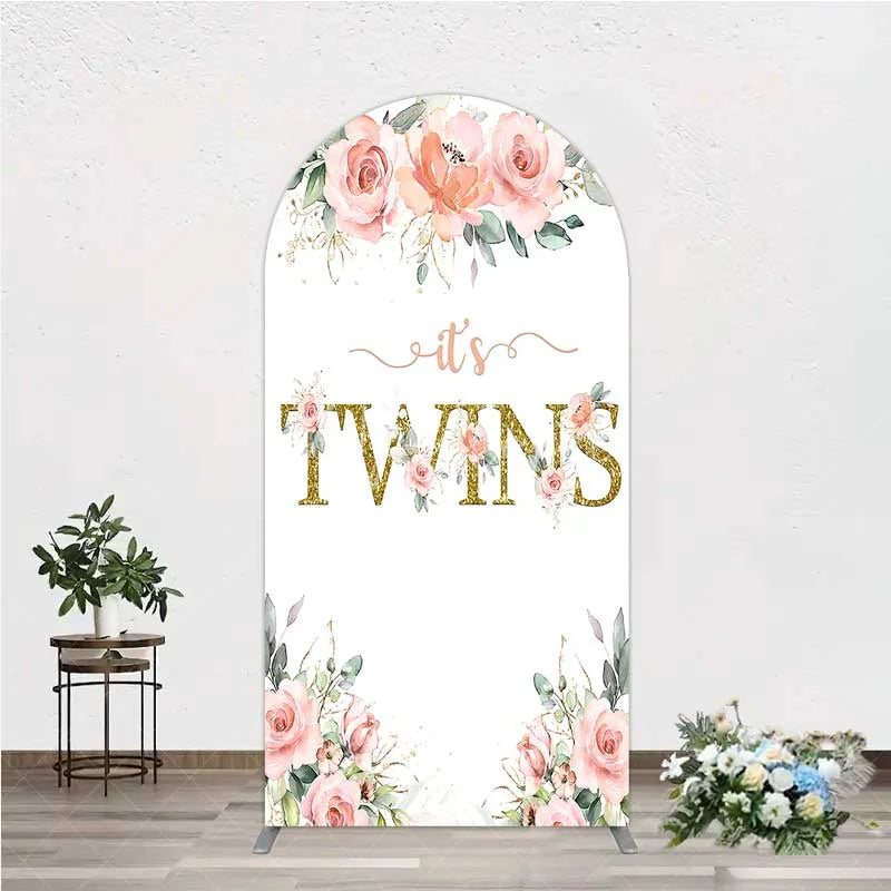 Aperturee - Aperturee Floral It’s Twins Arch Backdrop with Pink Roses Gold Glitter Baby Shower Decoration for Twin Girls