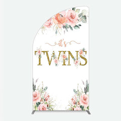 Aperturee - Aperturee Floral It’s Twins Half Moon Arch Backdrop with Pink Roses Gold Glitter Baby Shower Decoration for Twin Girls