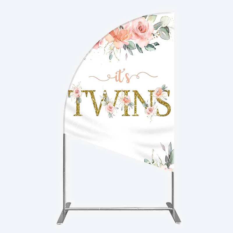 Aperturee - Aperturee Floral It’s Twins Half Moon Arch Backdrop with Pink Roses Gold Glitter Baby Shower Decoration for Twin Girls