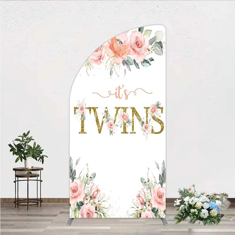 Aperturee - Aperturee Floral It’s Twins Half Moon Arch Backdrop with Pink Roses Gold Glitter Baby Shower Decoration for Twin Girls