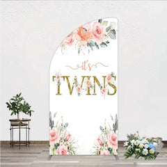 Aperturee - Aperturee Floral It’s Twins Half Moon Arch Backdrop with Pink Roses Gold Glitter Baby Shower Decoration for Twin Girls