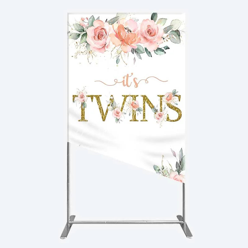 Aperturee - Aperturee Floral It’s Twins Rectangle Backdrop with Pink Roses Gold Glitter Baby Shower Decoration for Twin Girls