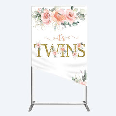 Aperturee - Aperturee Floral It’s Twins Rectangle Backdrop with Pink Roses Gold Glitter Baby Shower Decoration for Twin Girls